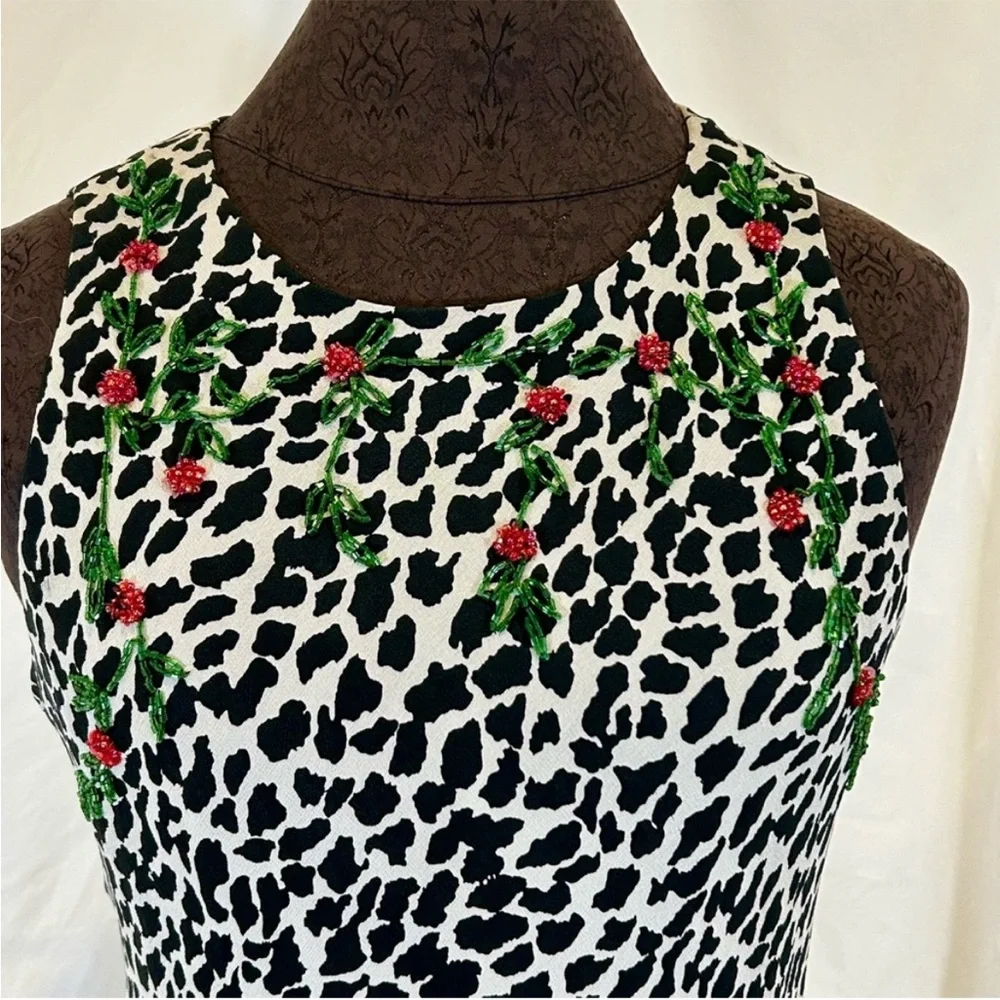 Vintage 1990s Jessica Howard Sleeveless Animal Print Beaded Midi Dress - Picture 3 of 16